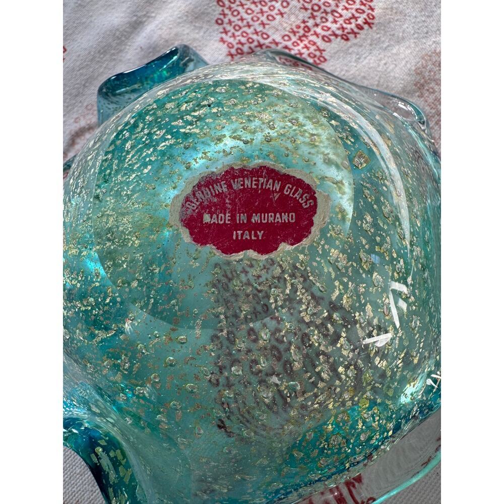 Vtg Murano Bollinato Blue Metallic Gold Fleck Scalloped Art Glass Bowl Ashtray - Picture 15 of 16